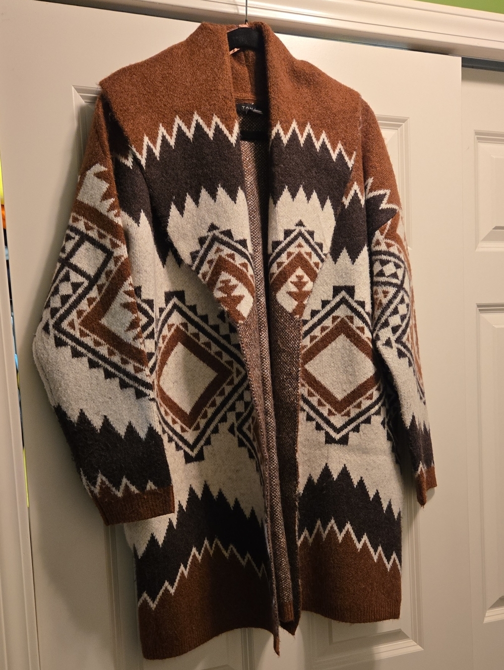 Tahari Open Front Geometric Knit Coatigan - Brown & Cream